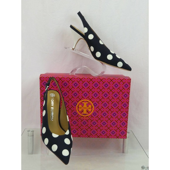 Tory Burch | Shoes | Nib Tory Burch Navy Blue Canvas Ivory  NIB TORY BURCH NAVY BLUE CANVAS IVORY POLKA DOTS LEATHER REVA SANDALS PUMPS 7.5